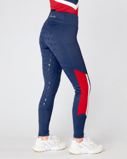 Horse Riding Tights / Leggings with phone pockets and full seat grip -NAVY RED WHITE