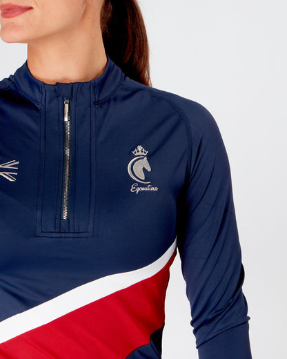 Womens equestrian navy/red long sleeve riding top / base layer / sports riding top- Eqcouture.