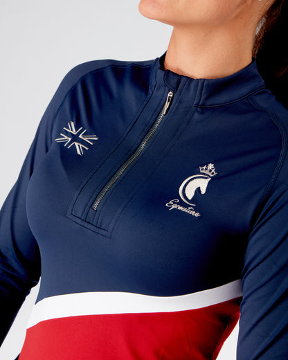 Womens equestrian navy/red long sleeve riding top / base layer / sports riding top- Eqcouture.