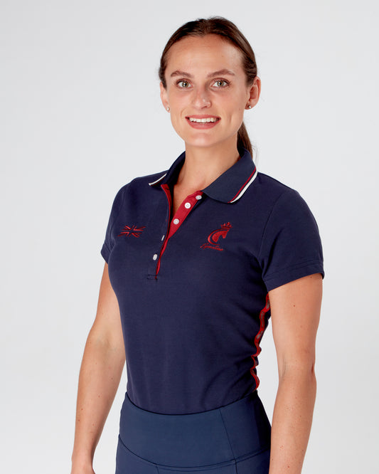 Womens equestrian navy short sleeve polo shirt. 