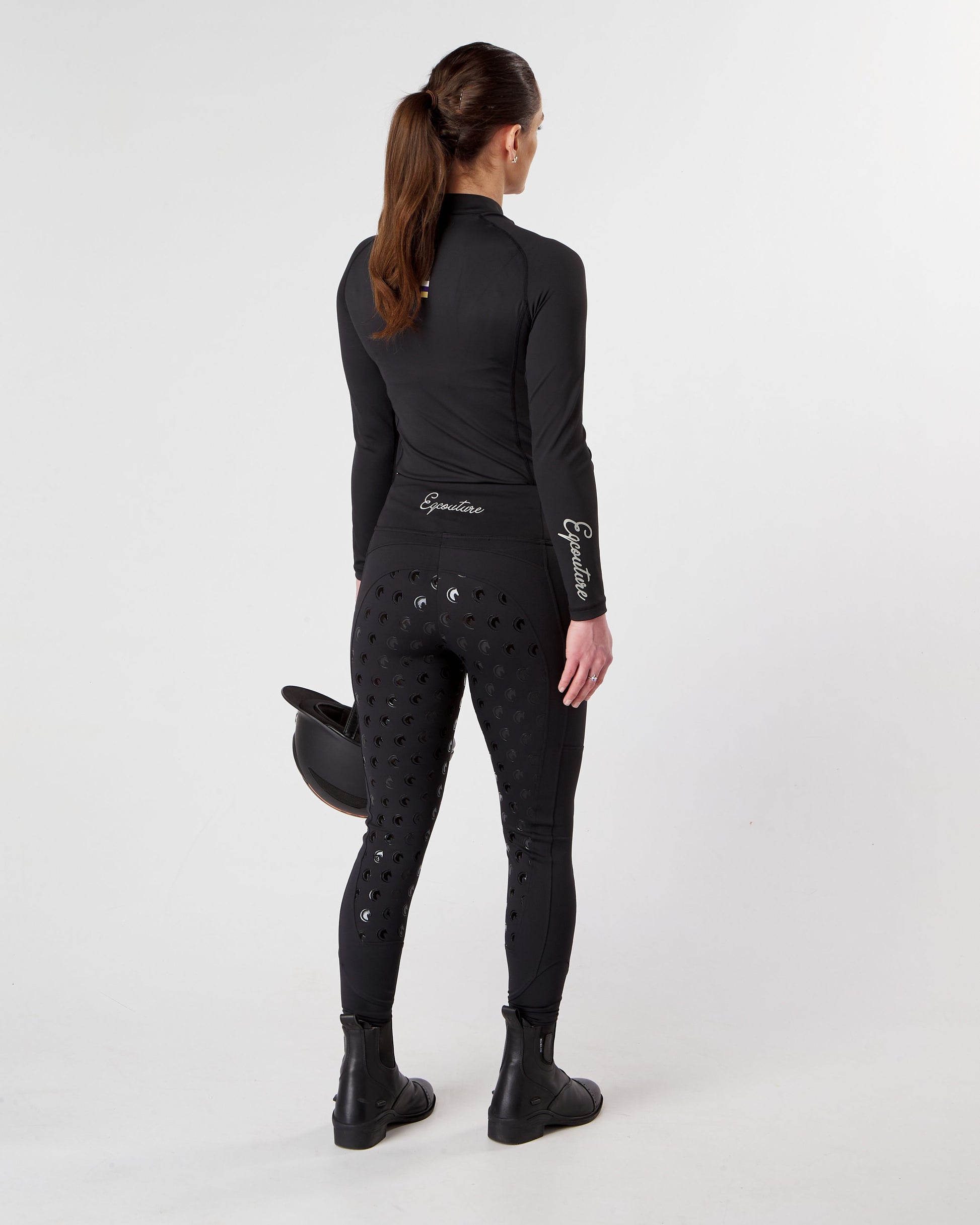 winter Horse Riding Leggings tights with phone pockets & full seat grip - black - Eqcouture
