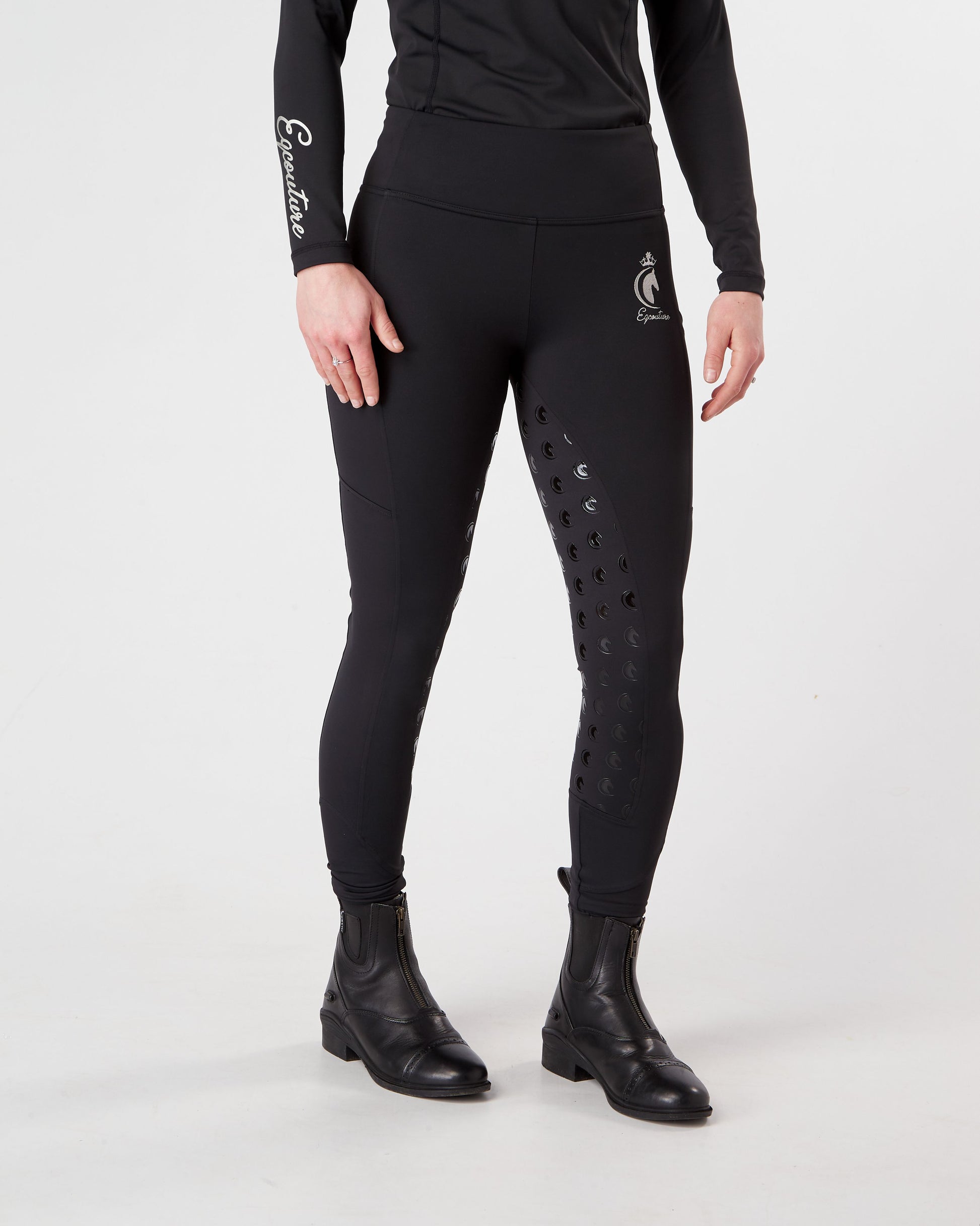 winter Horse Riding Leggings tights with phone pockets & full seat grip - black - Eqcouture