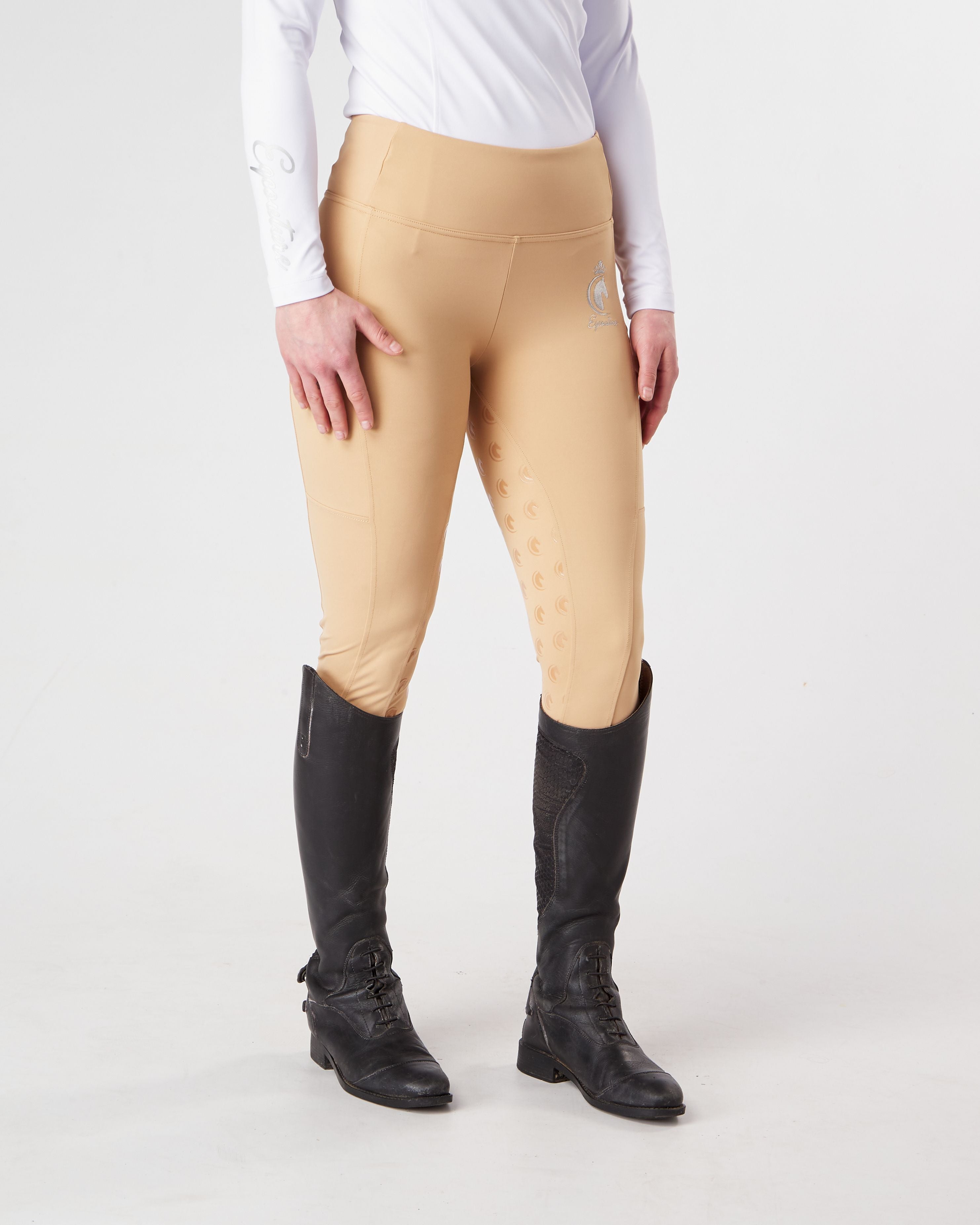 Horse Riding Leggings tights with phone pockets & full seat grip - competition beige - Eqcouture