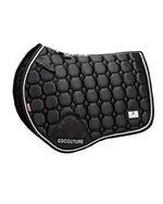 Load image into Gallery viewer, Equestrian luxury quilted black satin jumping cut saddle pads/numnahs.
