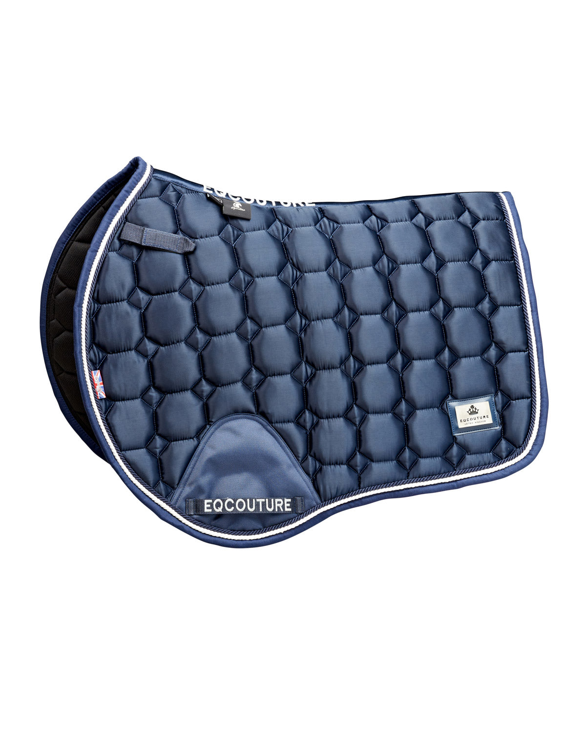 Equestrian luxury quilted navy satin jumping cut saddle pads/numnahs.