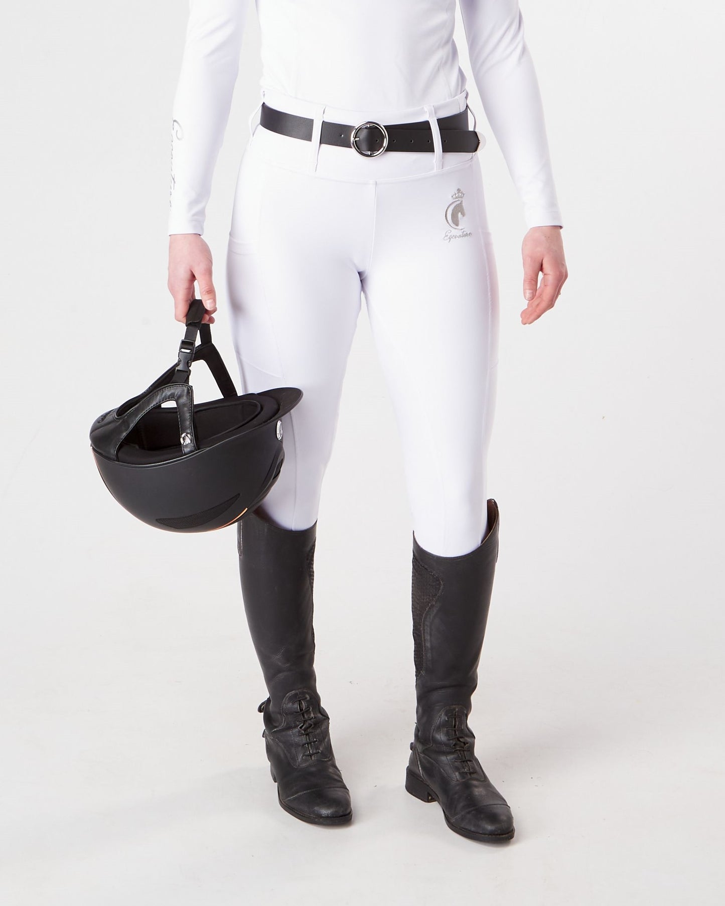 Horse Riding Leggings tights with phone pockets & full seat grip - competition white - Eqcouture